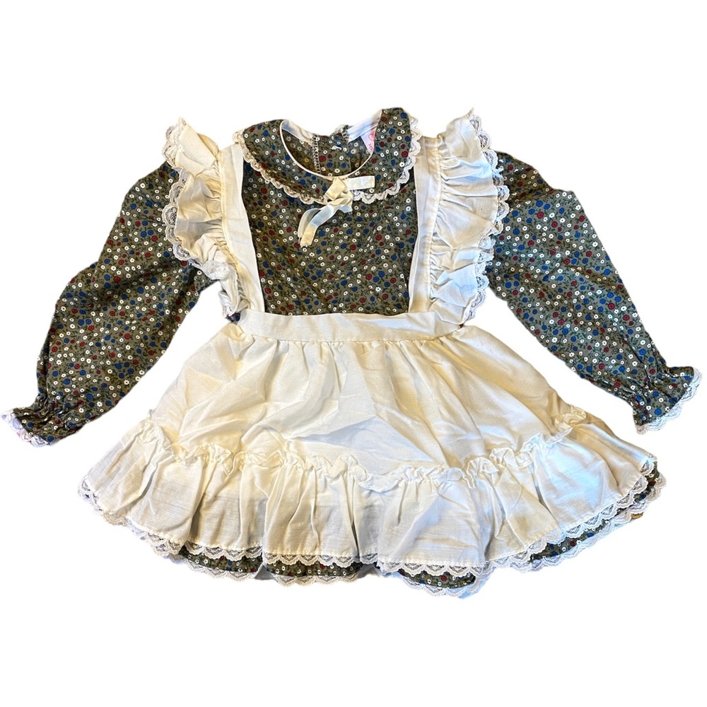 Vintage Kids Dress in Green Floral with Cream Apron